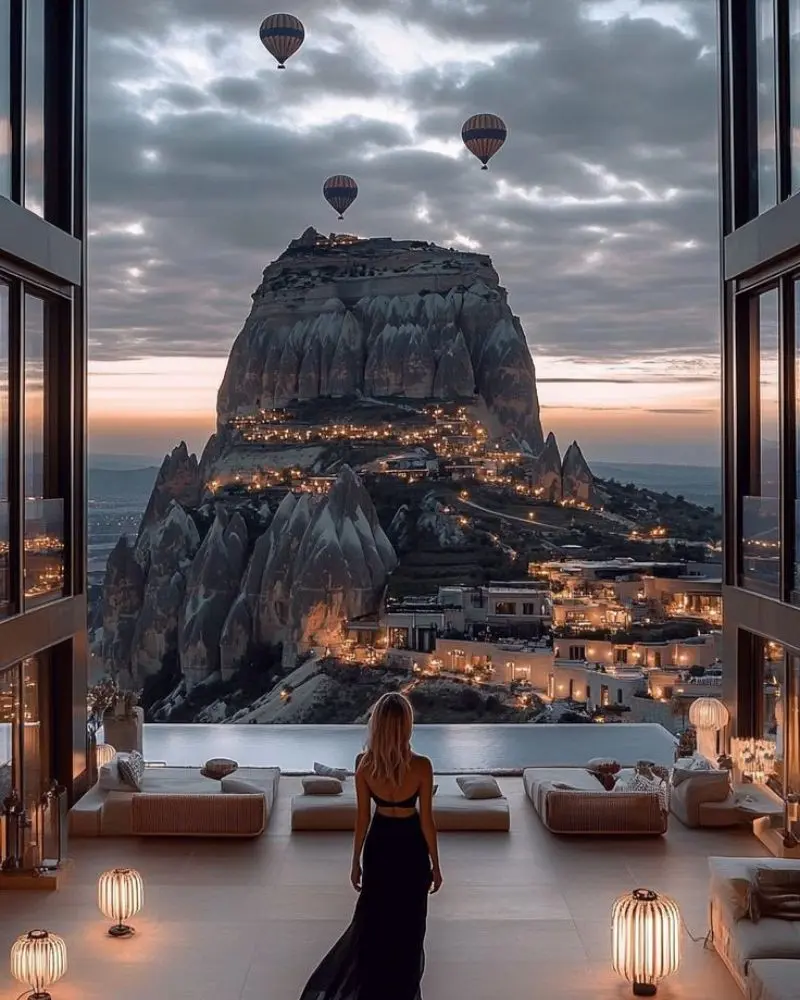 Mujer de espaldas ante ventanales; globos sobre formaciones rocosas encendidas al amanecer en Capadocia